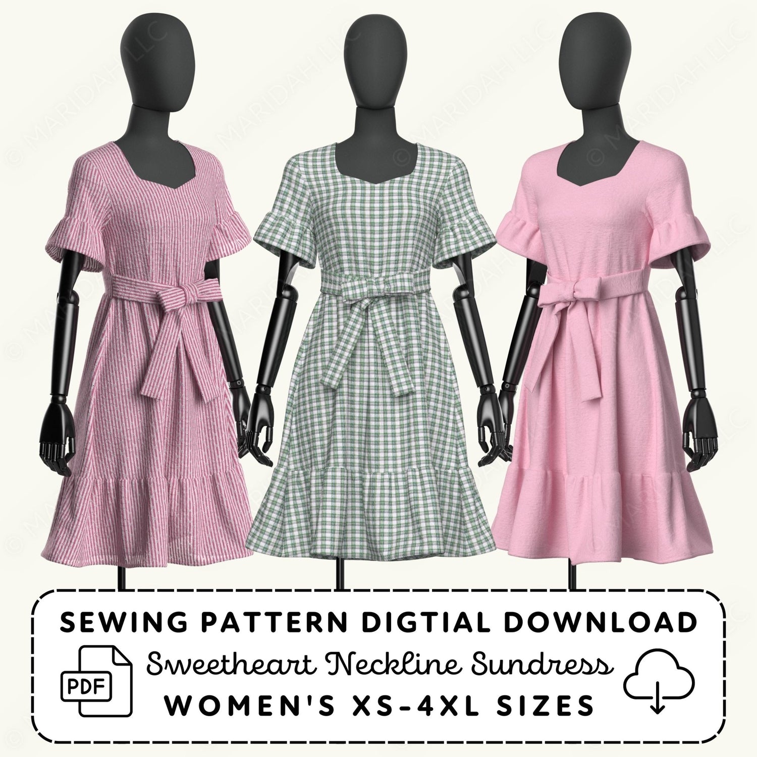 Three mannequins wearing pink and green checkered dresses with sewing pattern digital download text.