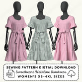 Three mannequins wearing pink and green checkered dresses with sewing pattern digital download text.