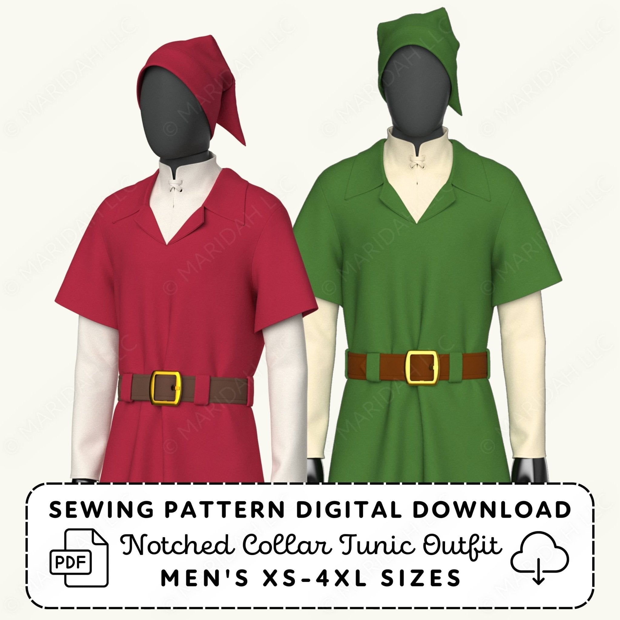 Red and green notched collar tunics on mannequins with sewing pattern digital download text.