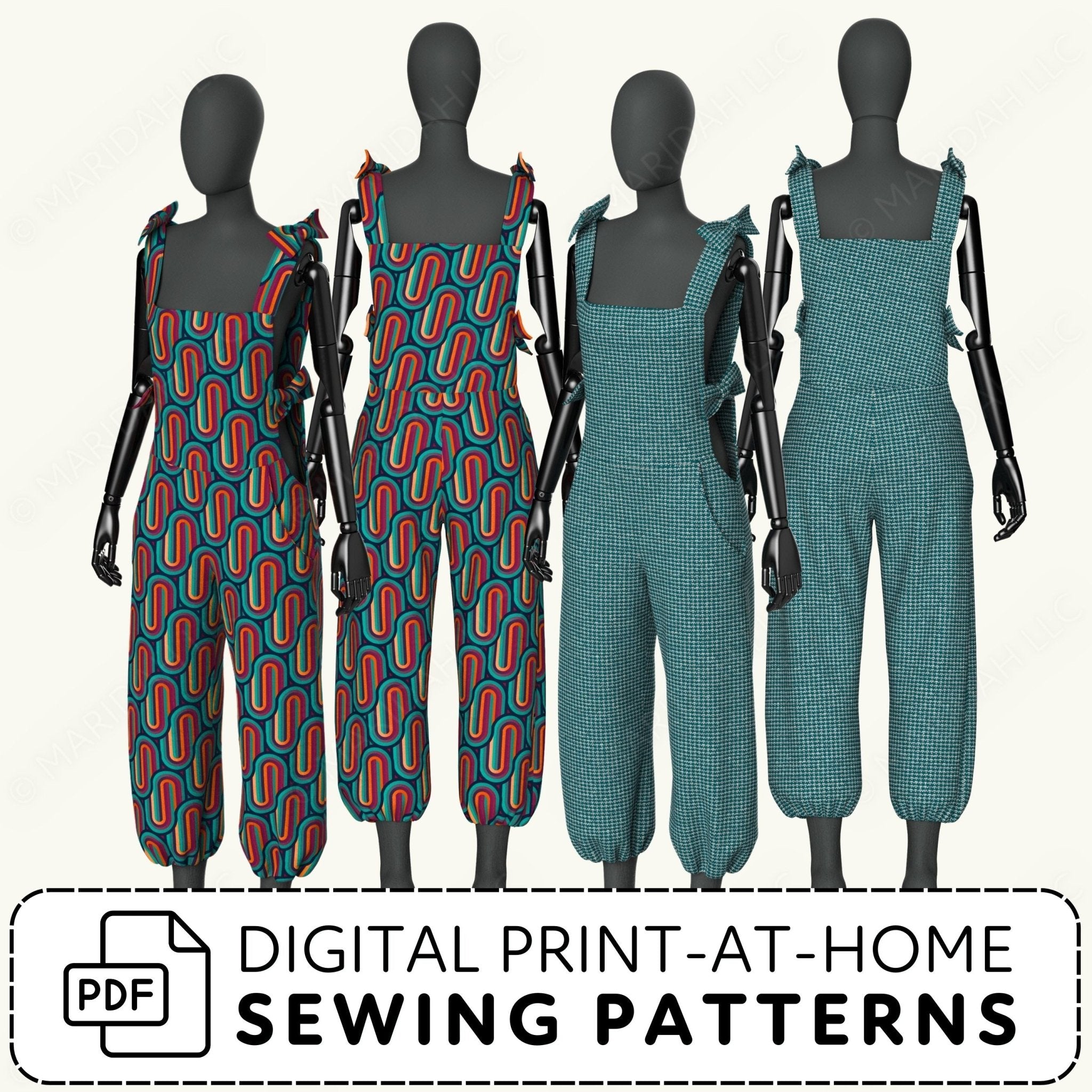 Four mannequins wearing patterned overalls with digital print-at-home sewing patterns text.