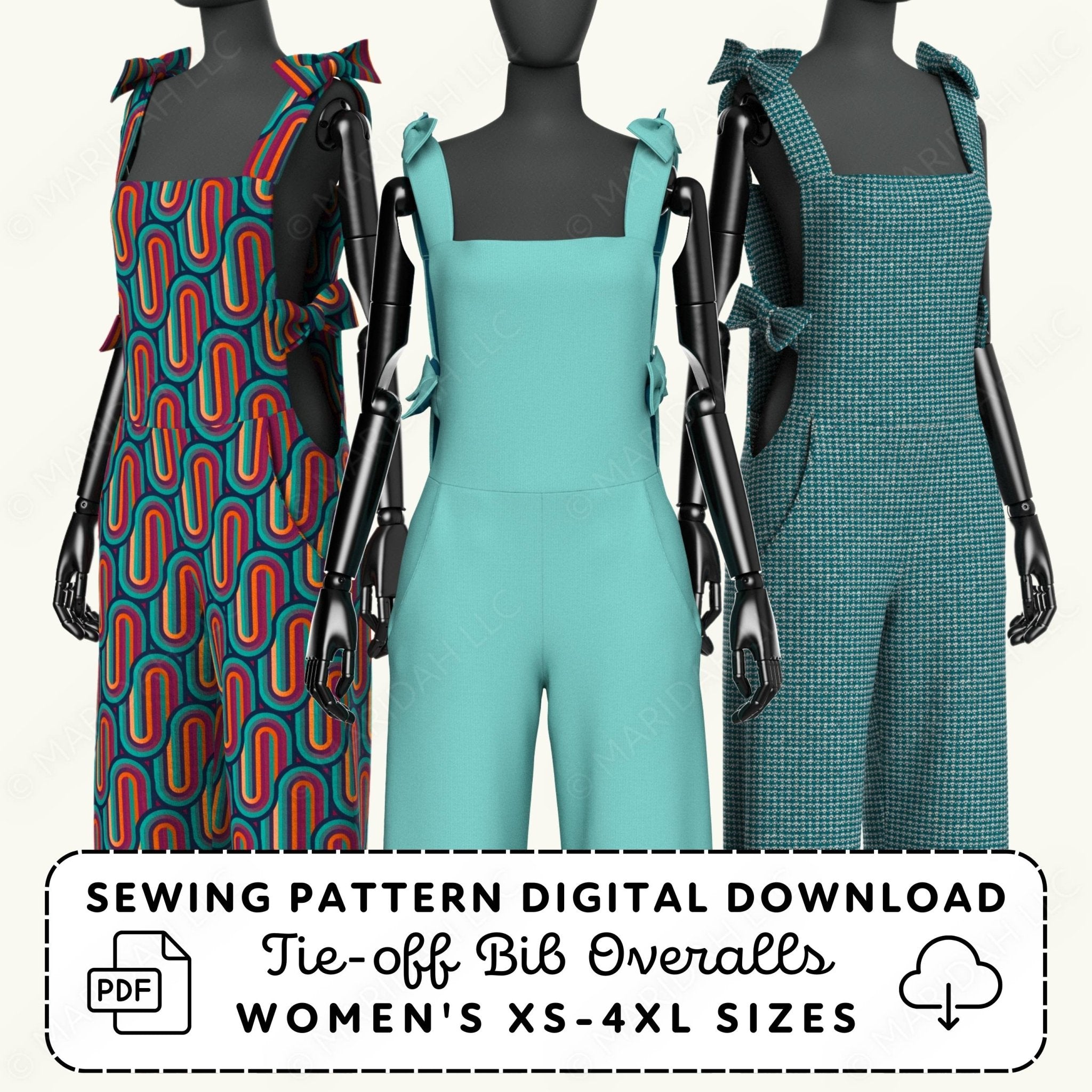 Three mannequins wearing tie-off bib overalls with sewing pattern digital download text.