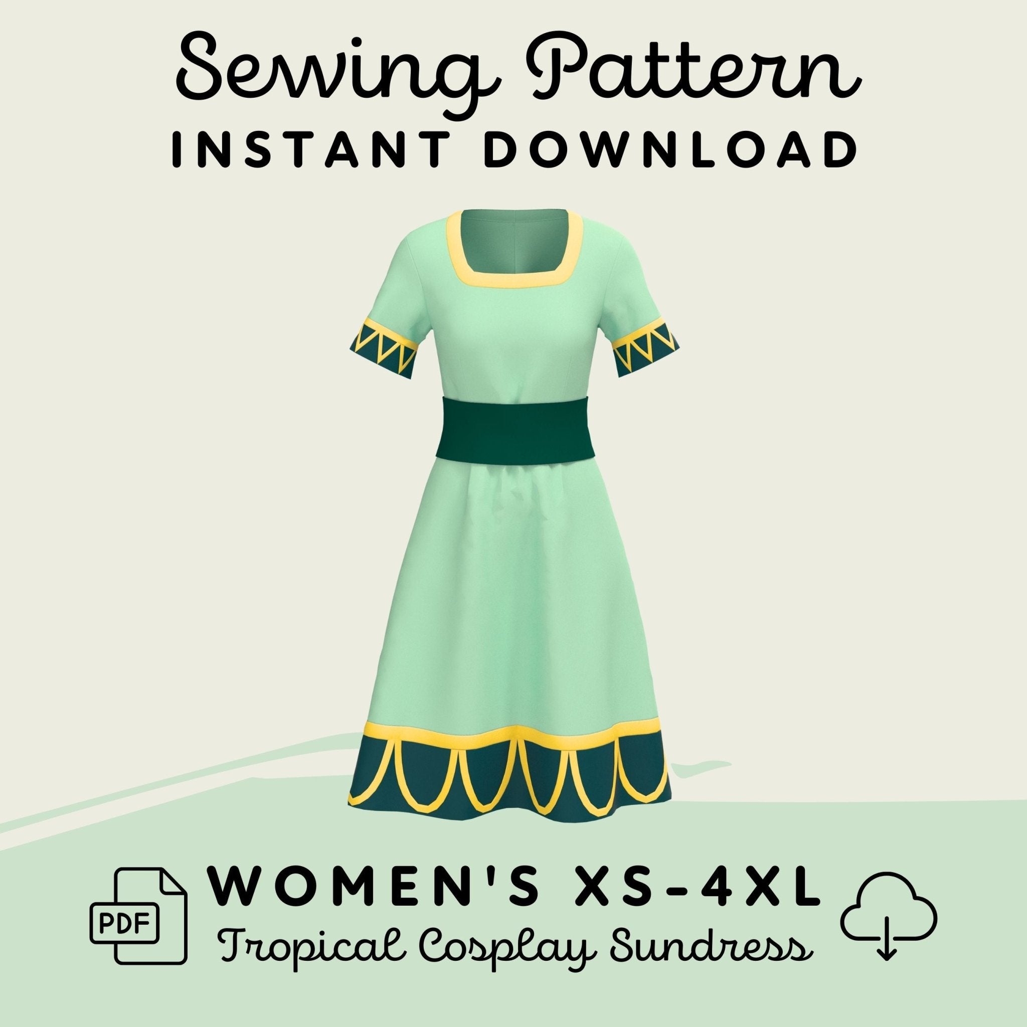 Green dress labeled as a sewing pattern instant download