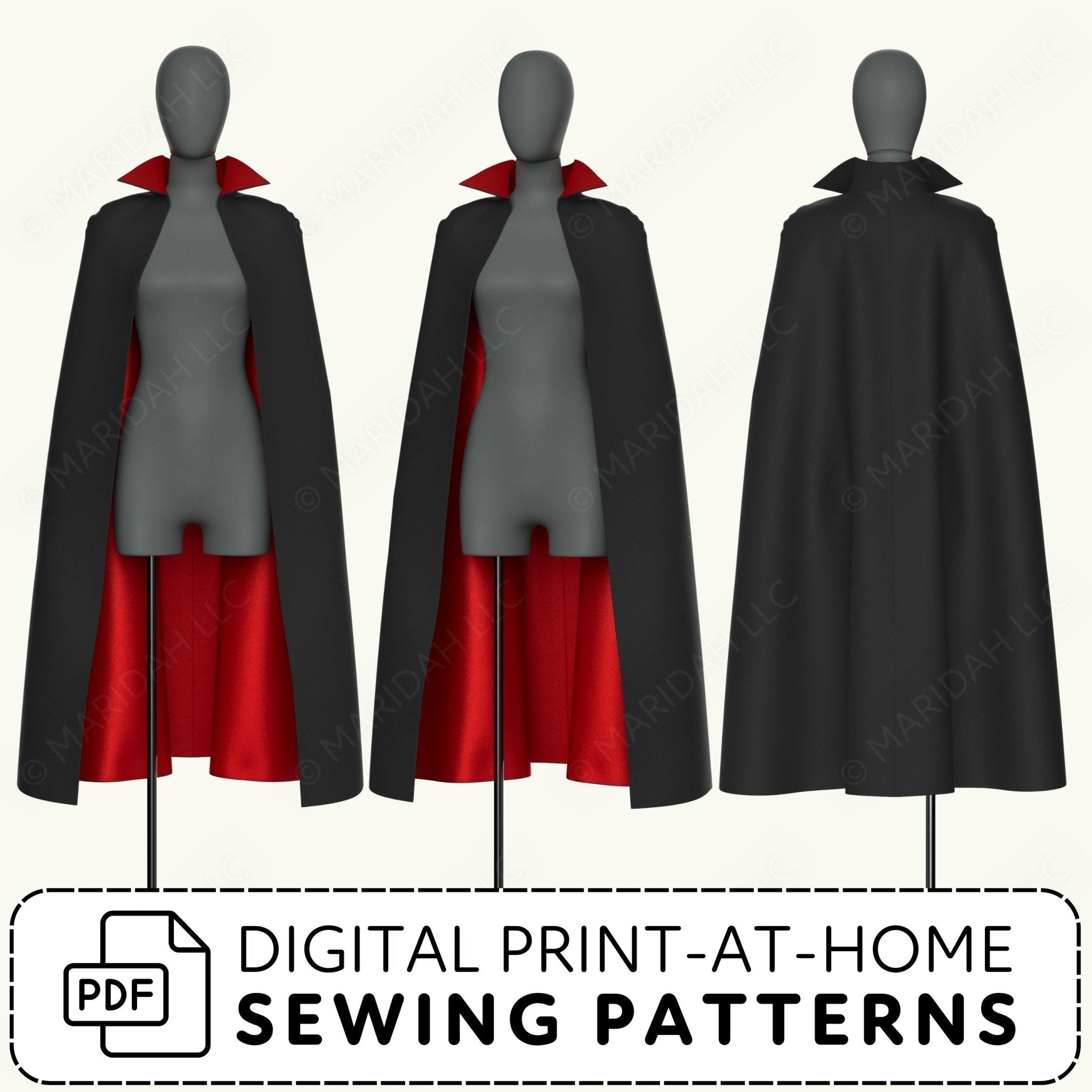 Black and red capes on mannequins with digital print-at-home sewing pattern text.