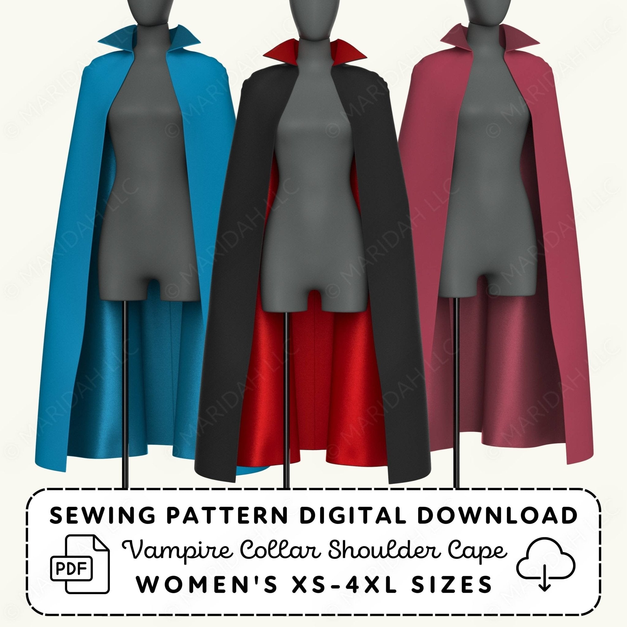 Three mannequins wearing colorful capes with sewing pattern digital download text.