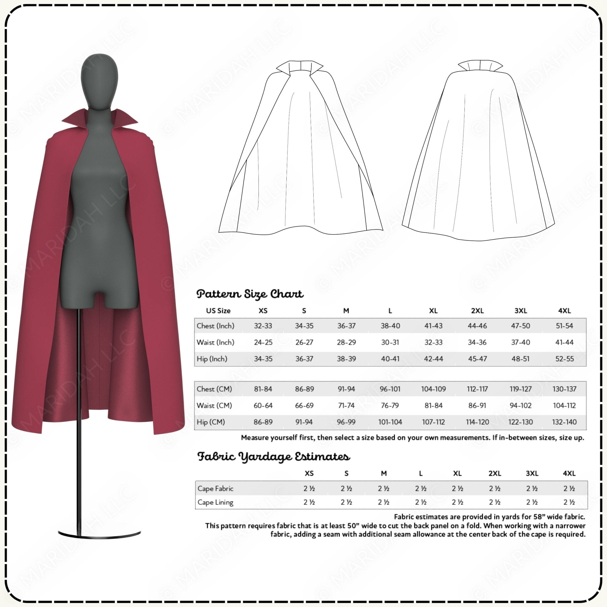 Red cape on a mannequin with pattern size chart and fabric yardage estimates.