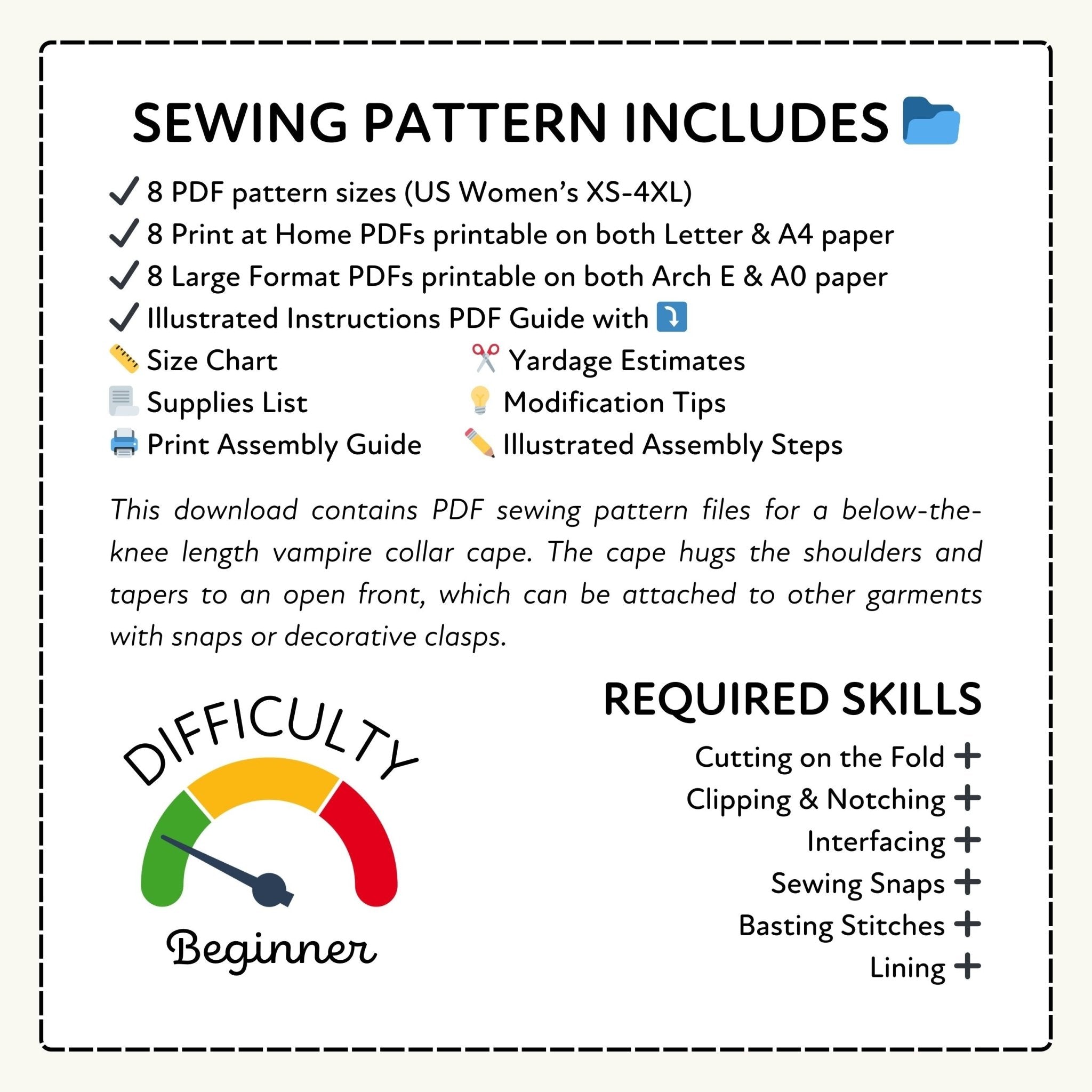 Sewing pattern information with PDF sizes, difficulty rating, and required skills listed.