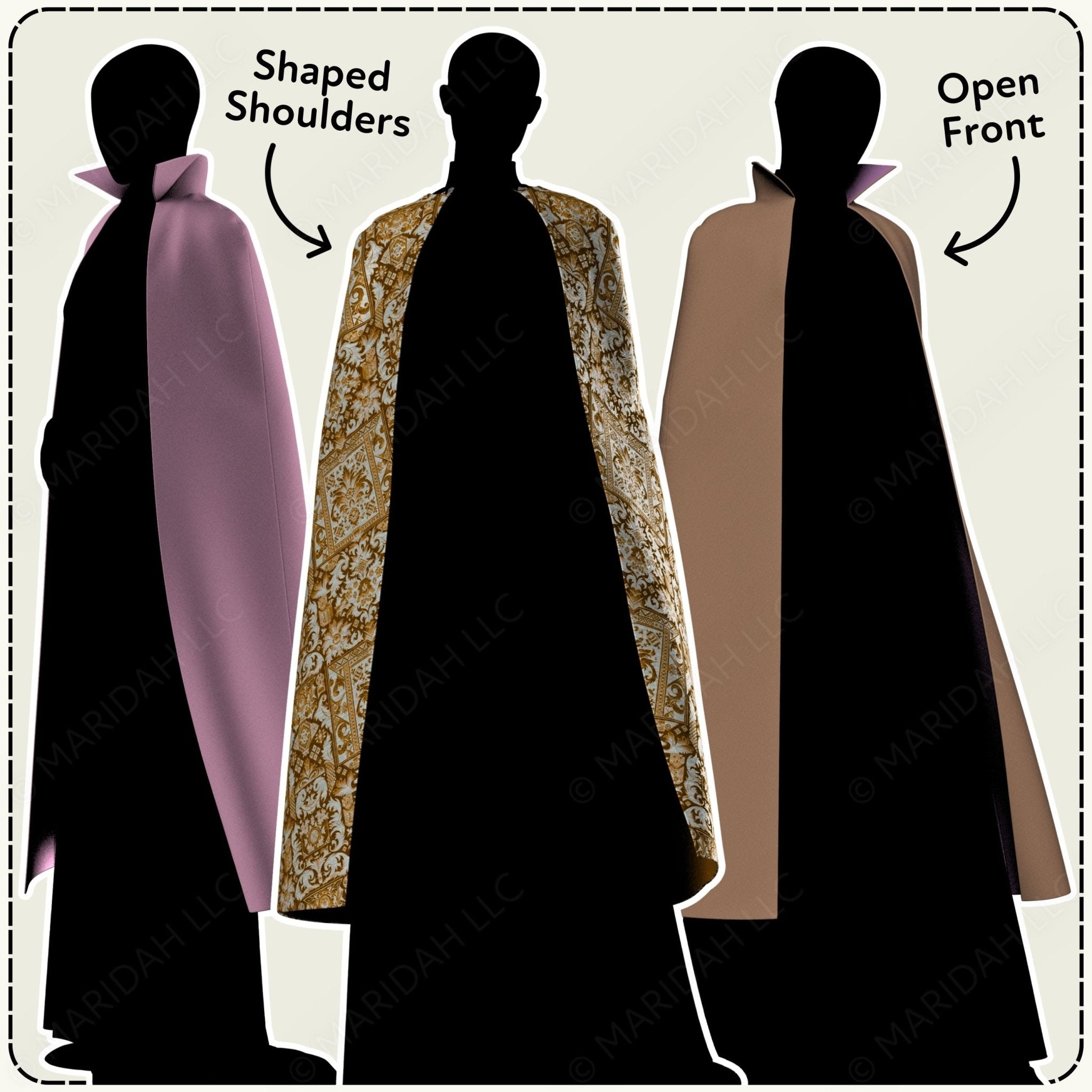 Three silhouettes of a garment with labeled features on a plain background