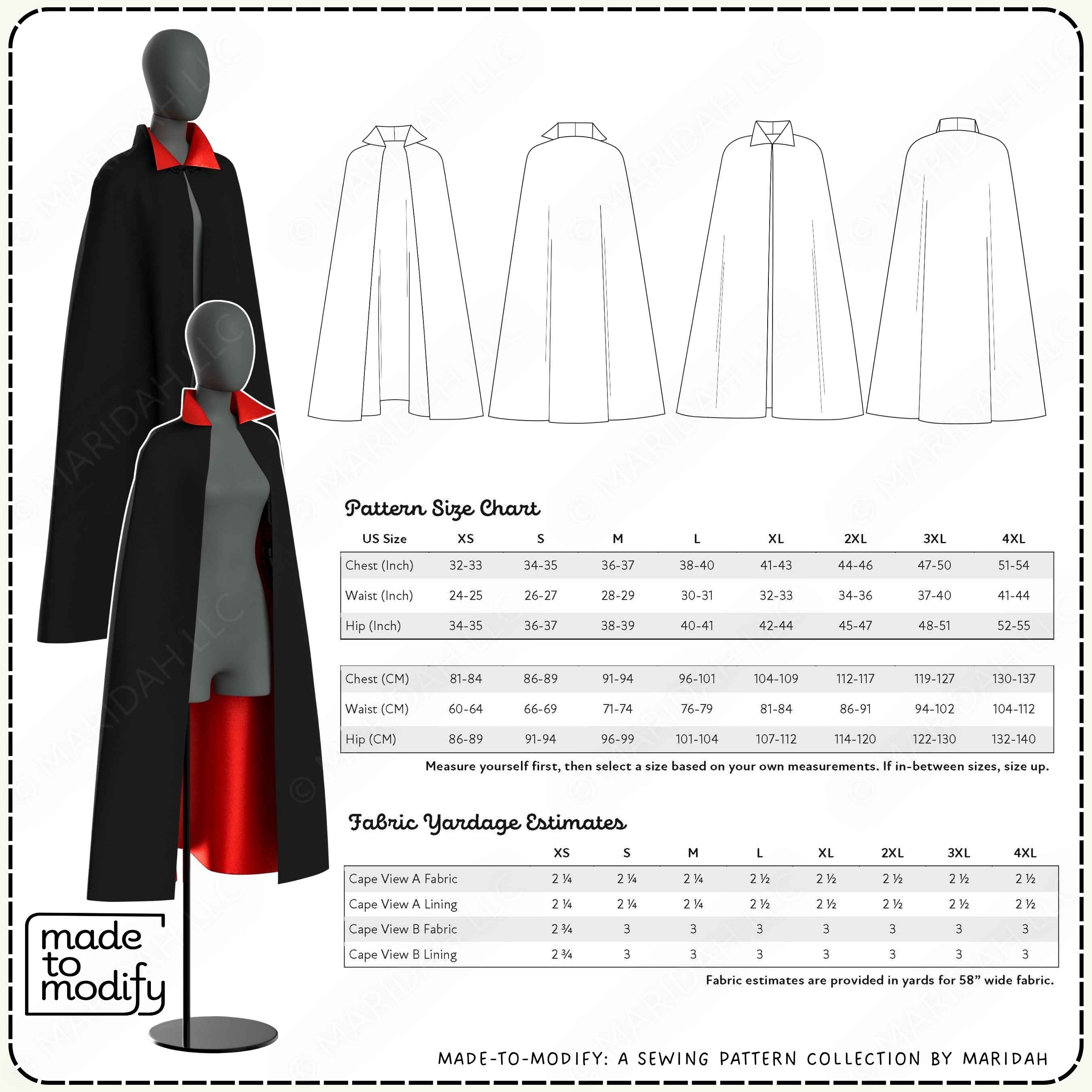 A pattern size chart and fabric yardage estimates for a cape, along with mannequins wearing capes.