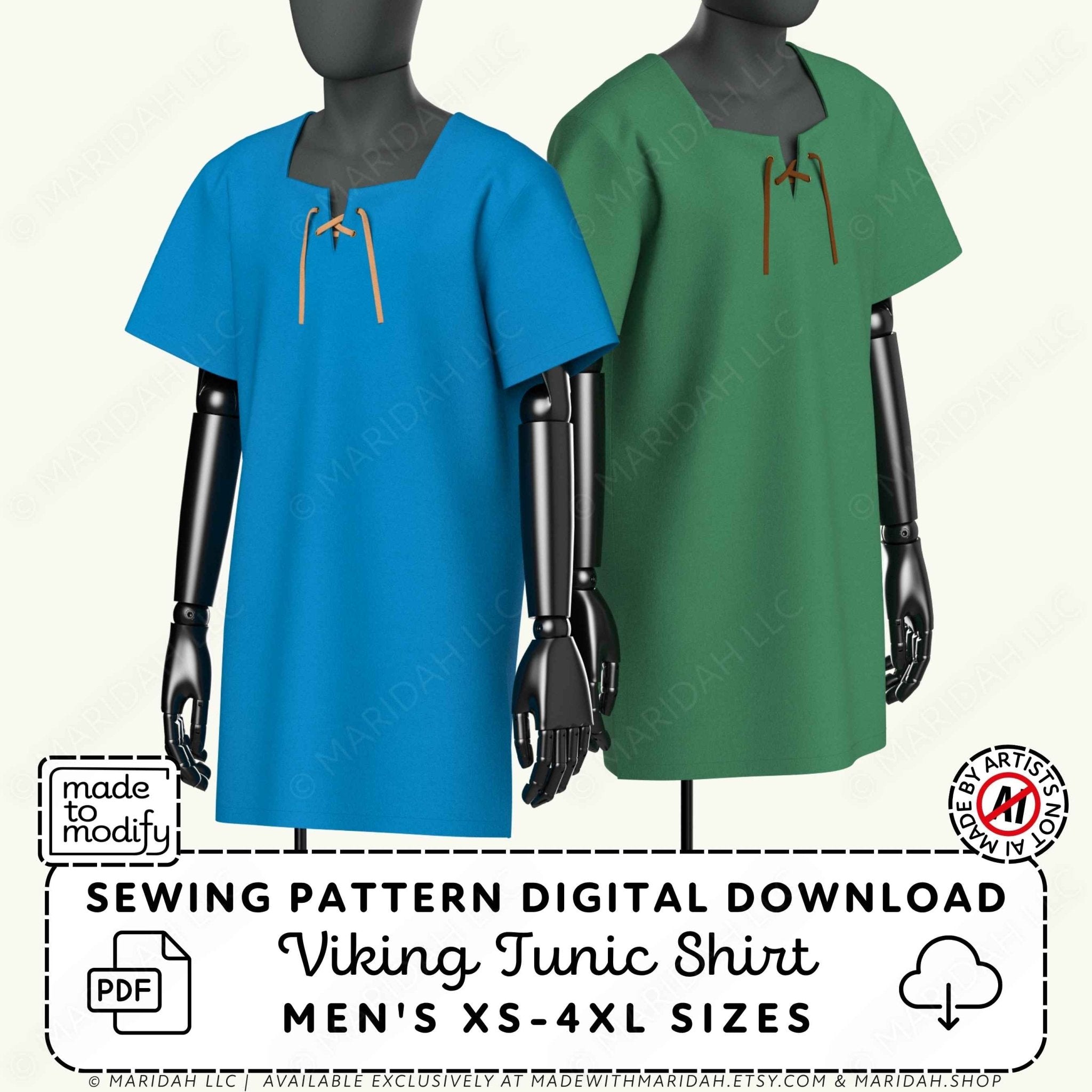 Digital sewing pattern preview for a Viking tunic shirt shown on two black mannequins, one wearing a bright blue version and the other a green version. The image includes text stating &