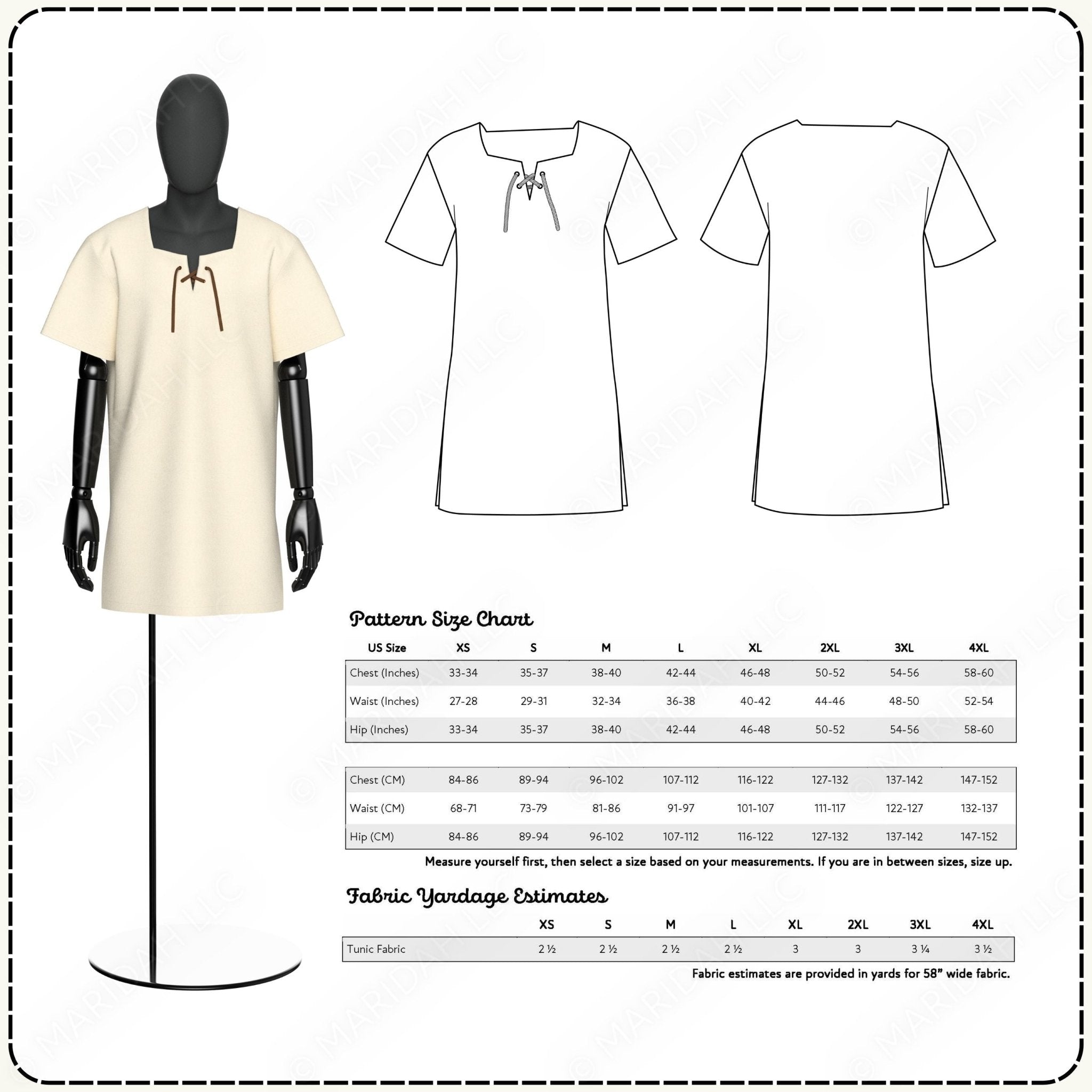Pattern size chart for a dress with mannequin, front, and back views, and fabric yardage estimates.