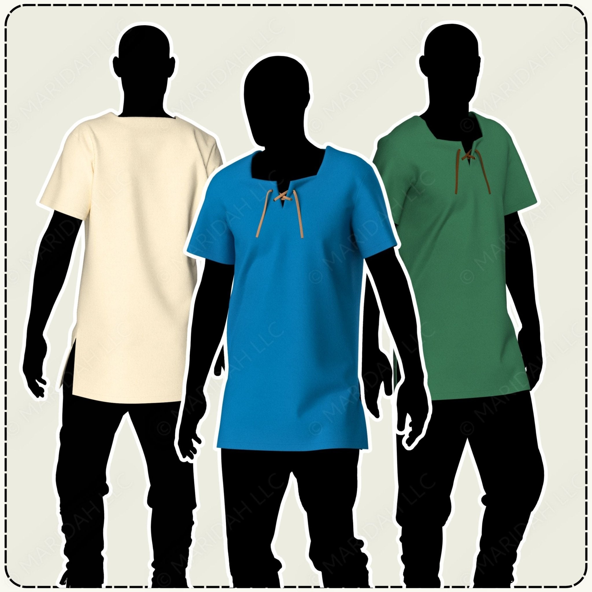 Three silhouettes wearing t-shirts in beige, blue, and green on a plain background.