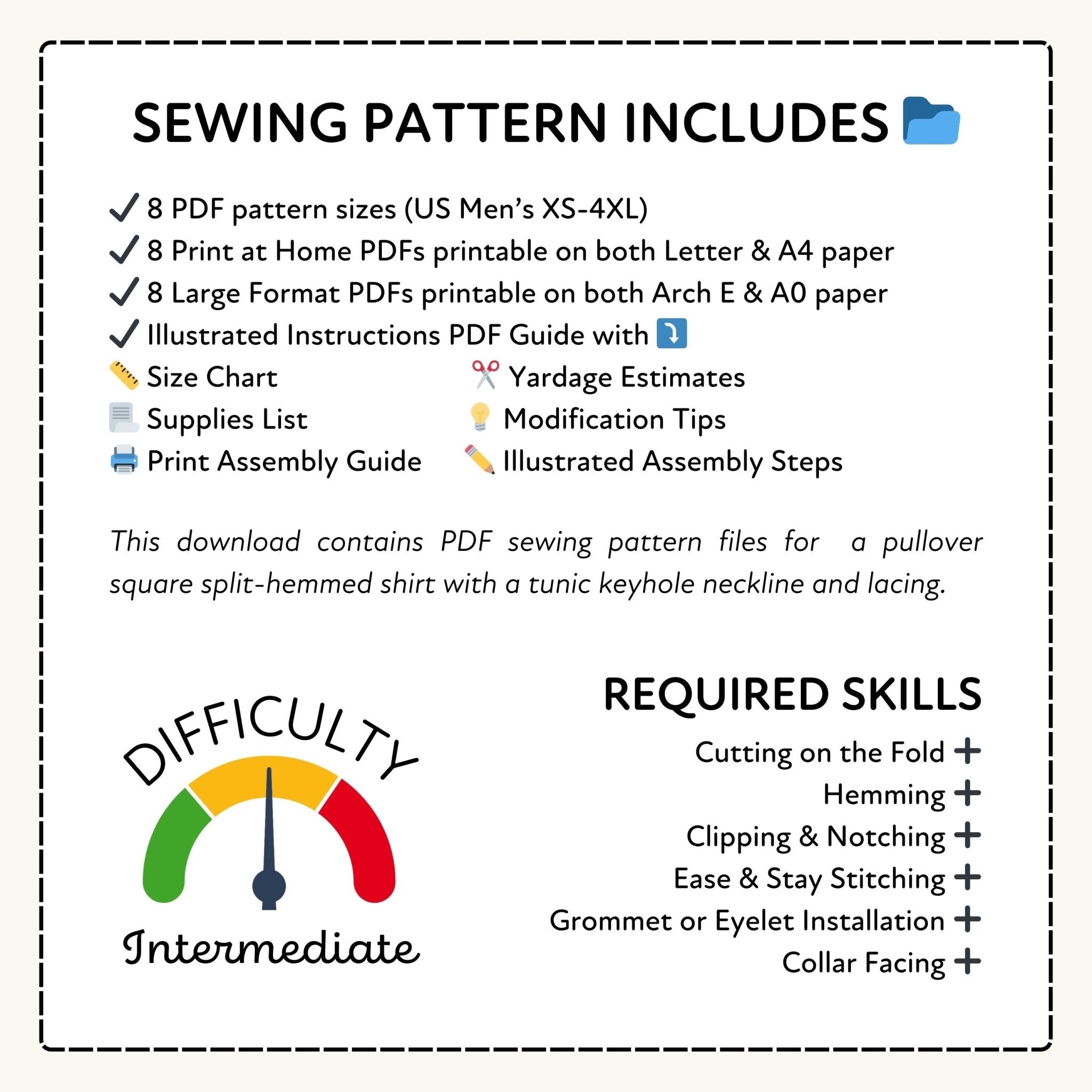 Sewing pattern information with PDF sizes, formats, and required skills listed.