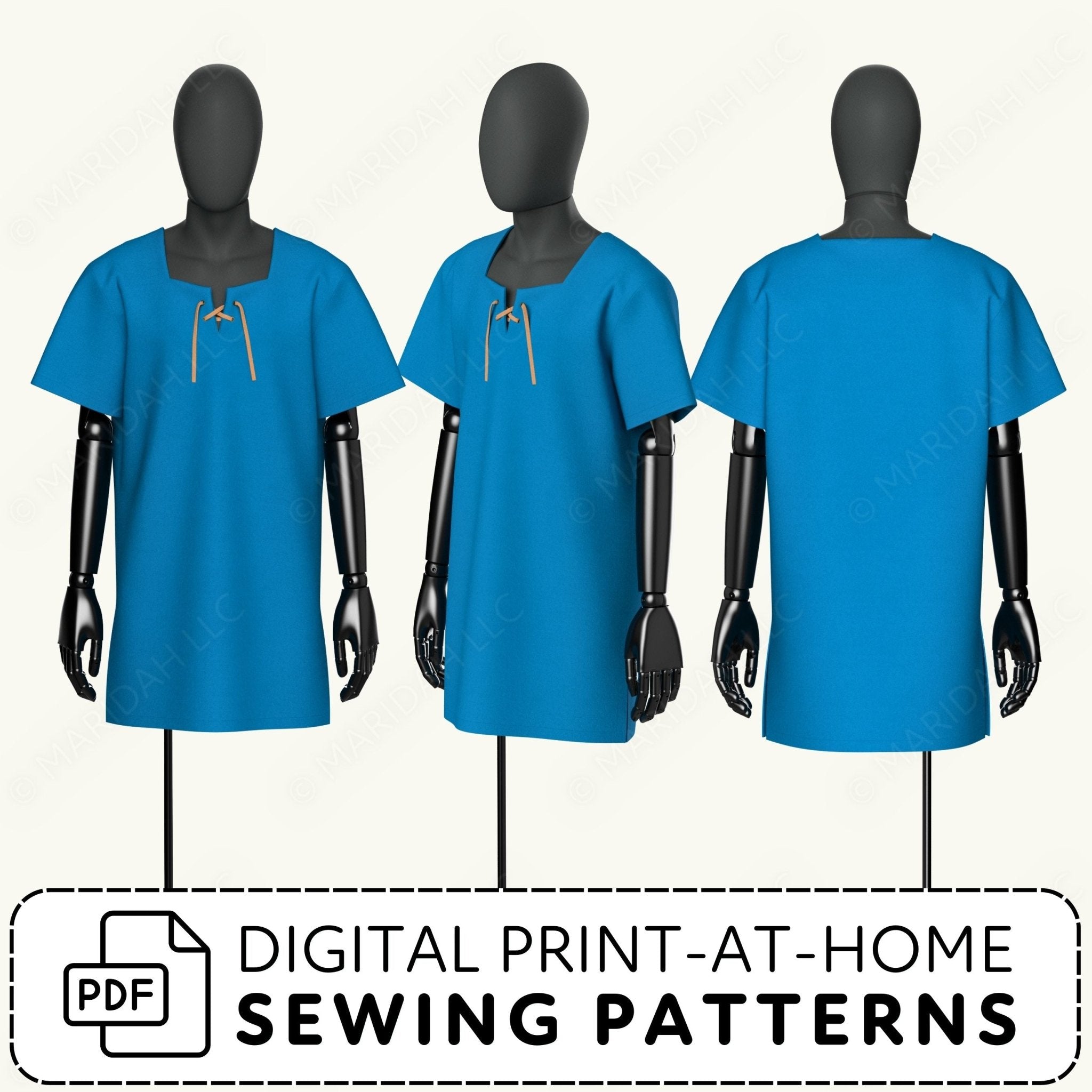 Blue shirt on mannequins with digital print-at-home sewing pattern text