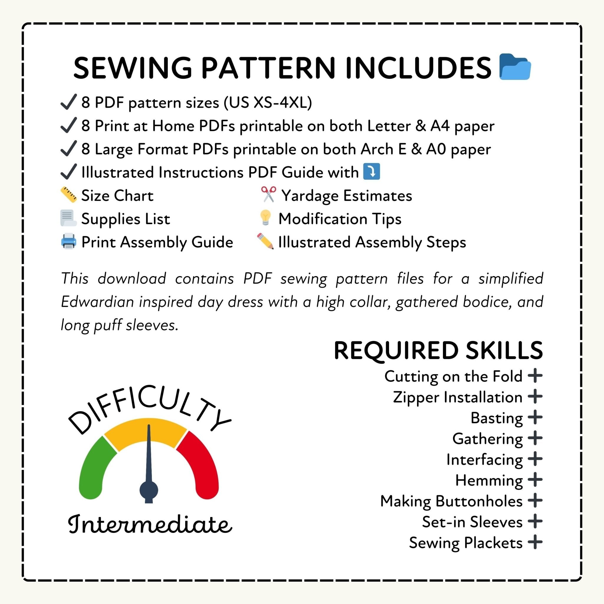 Sewing pattern information with difficulty rating and required skills listed.