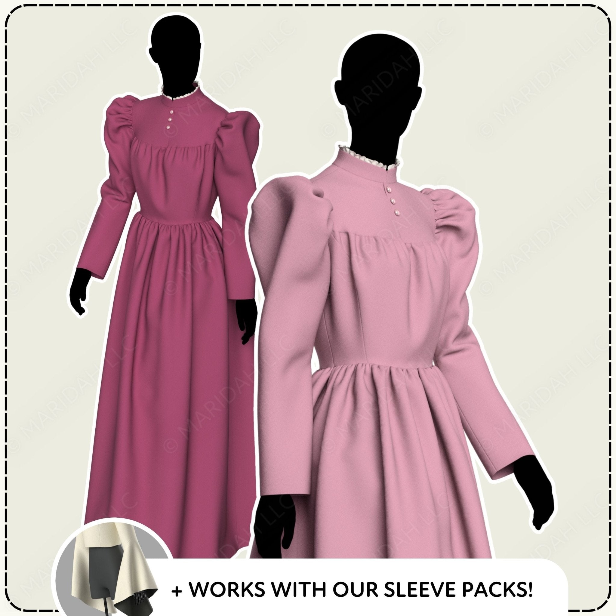Pink dress with puffed sleeves on a mannequin against a plain background