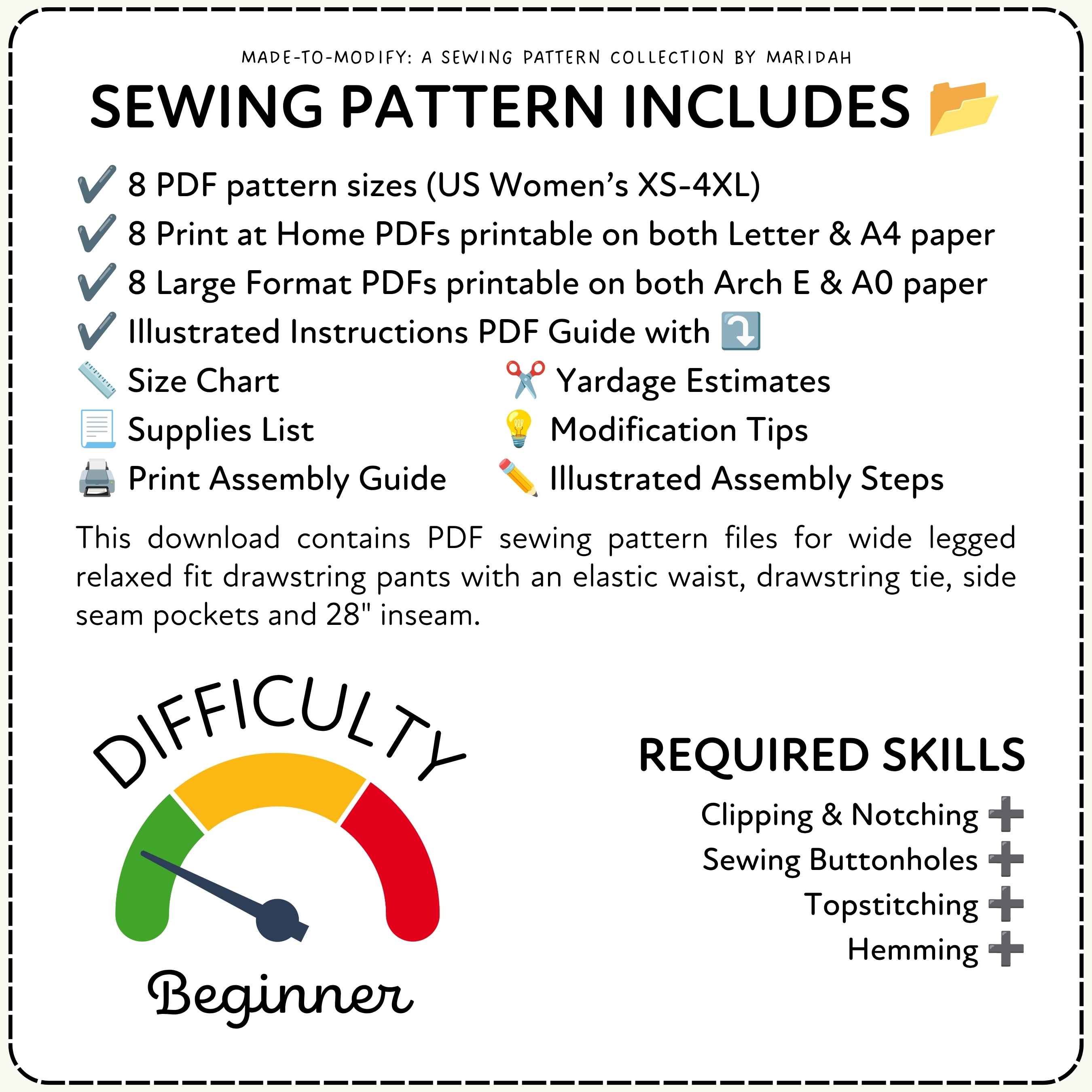Sewing pattern information with difficulty rating and required skills listed.