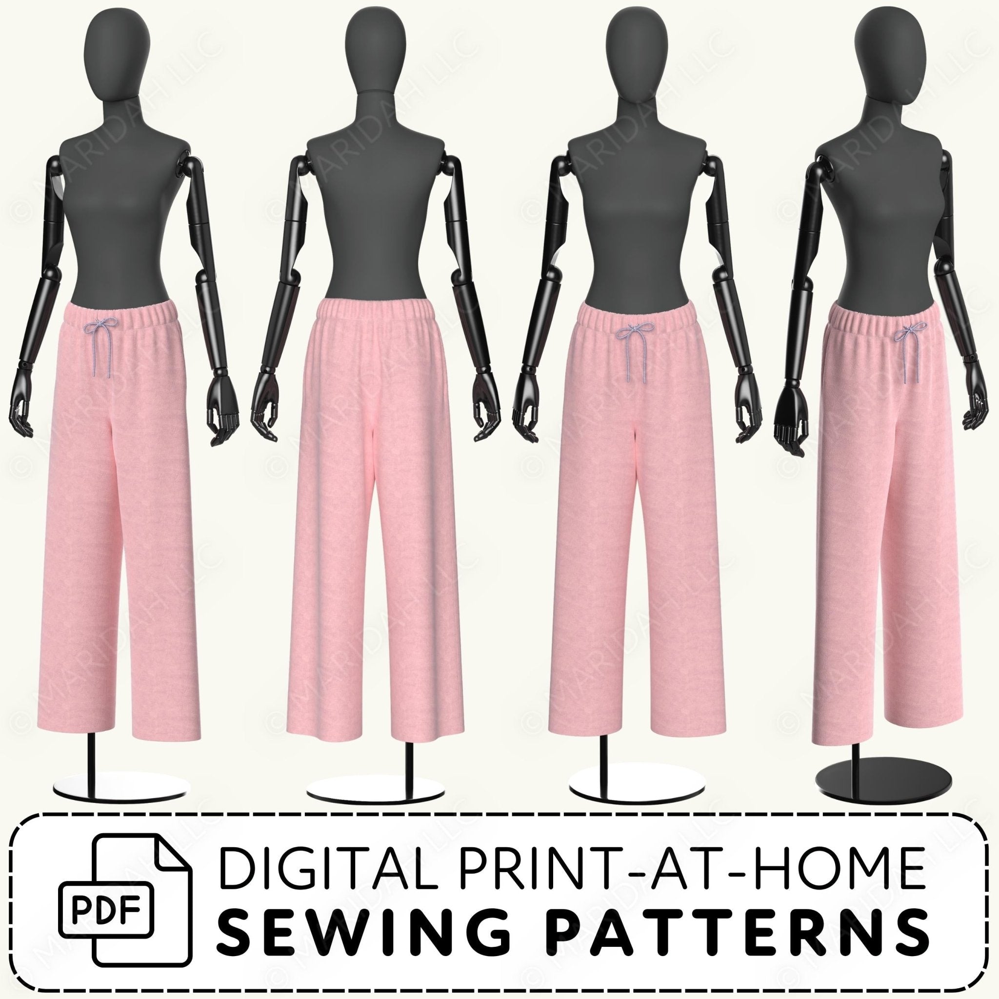 Mannequins wearing pink pants with digital print-at-home sewing pattern text.
