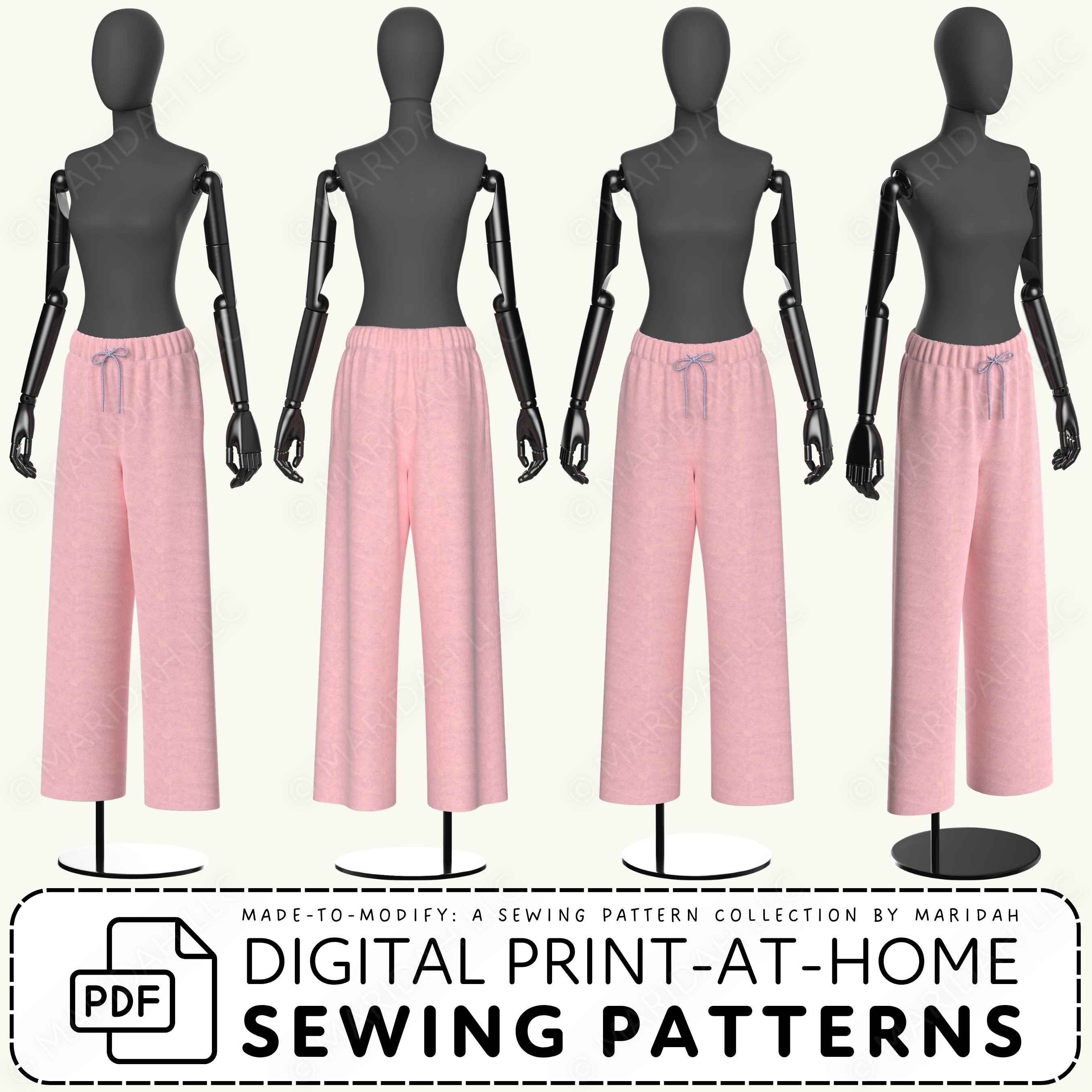 Mannequins wearing pink pants with digital print-at-home sewing pattern text.