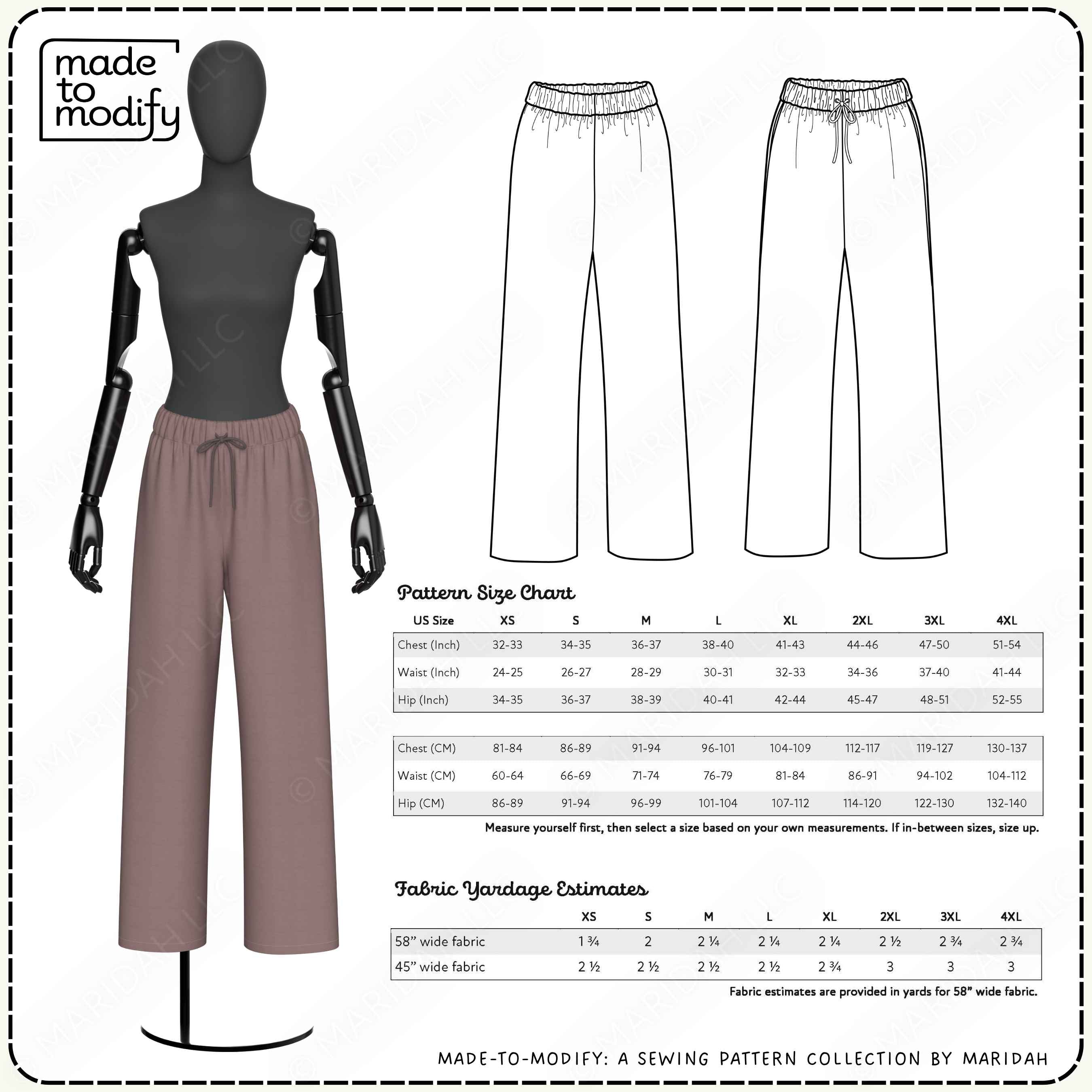 Pattern size chart for pants with a mannequin and fabric yardage estimates.