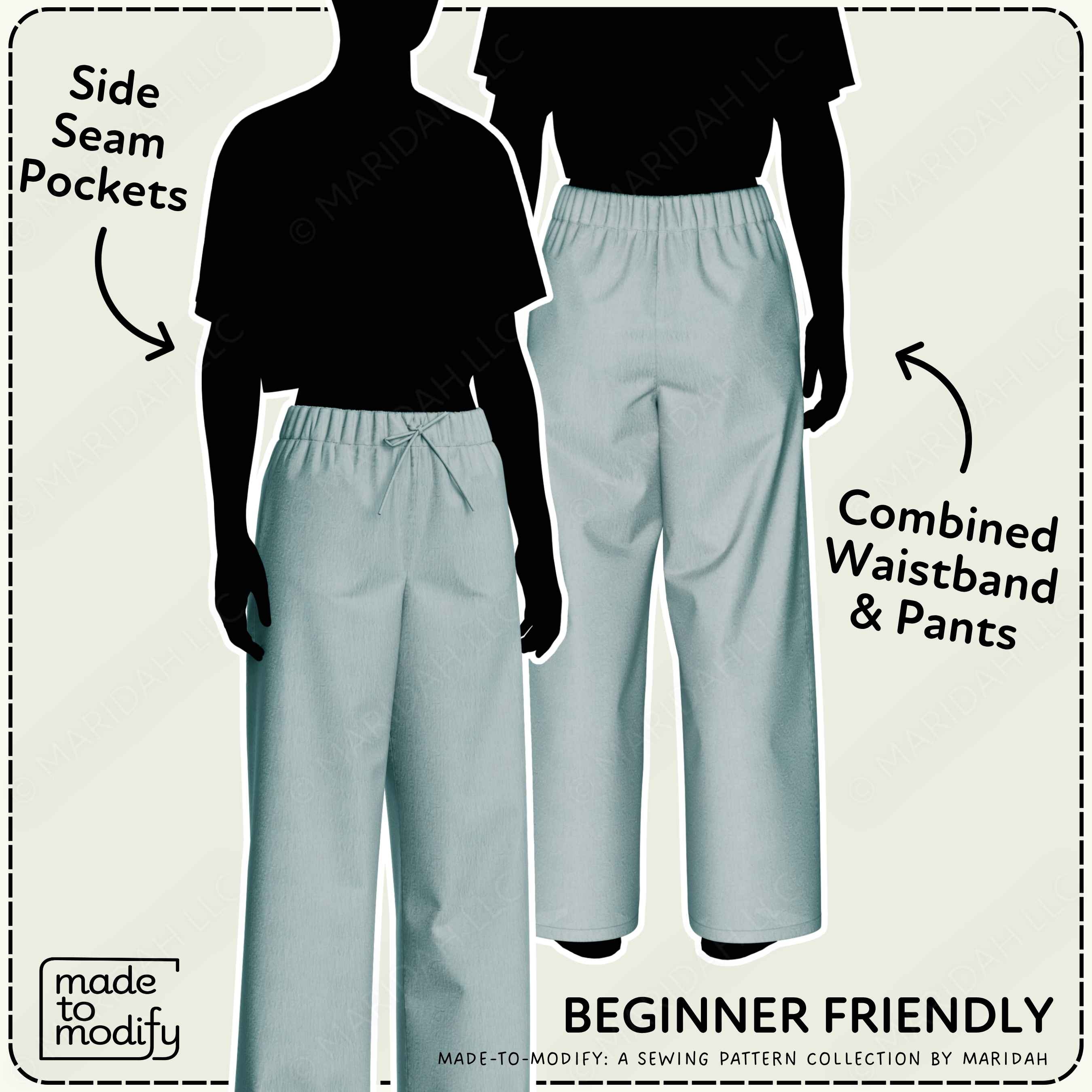 Diagram of pants with side seam pockets and combined waistband and pants design, featuring a brand logo.
