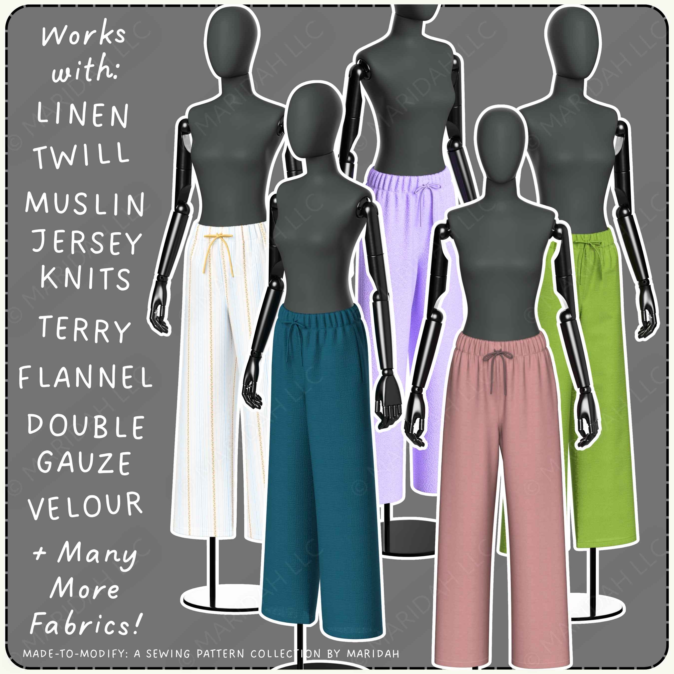 Mannequins wearing various fabrics on a gray background with text listing compatible fabrics.