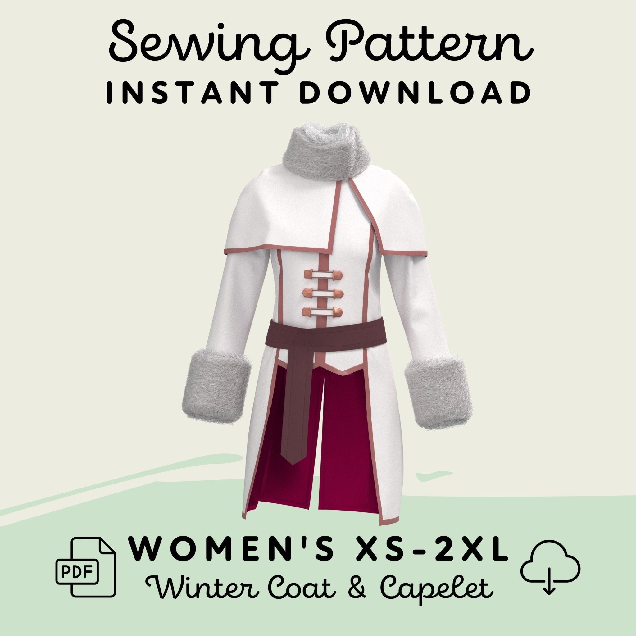 Illustration of a white winter coat with a fur collar and a quilted belt, labeled as a women&