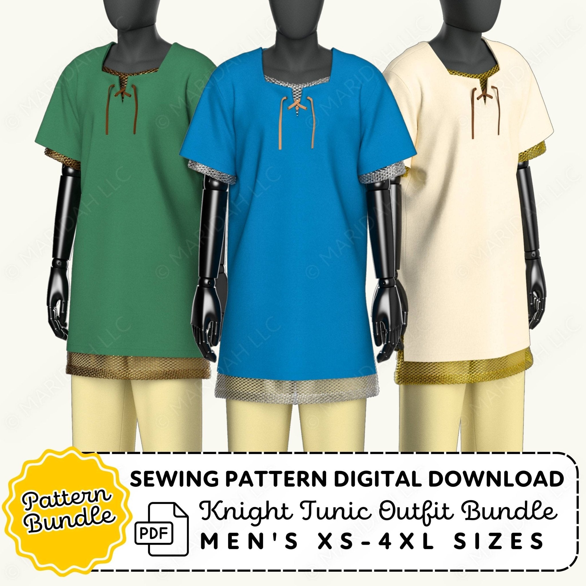 Three mannequins wearing green, blue, and beige tunics with matching pants on a white background. Sewing pattern digital download for men&