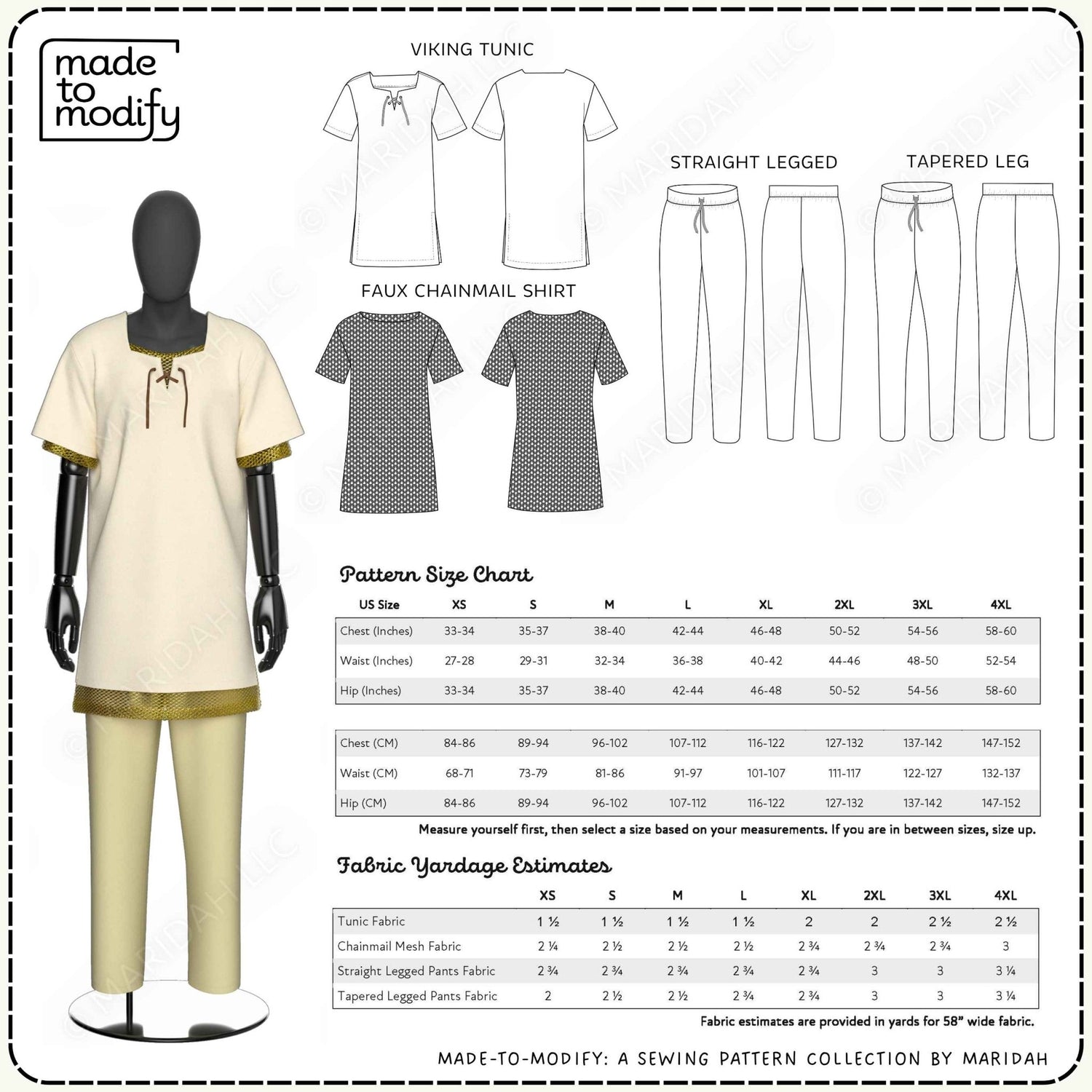 Infographic for a sewing pattern collection by Maridah, featuring various clothing items such as a Viking tunic, a faux chainmail shirt, a straight-legged pant, and a tapered-legged pant. The pattern size charts and fabric yardage estimate are provided to help users select the appropriate size and fabric for their designs.