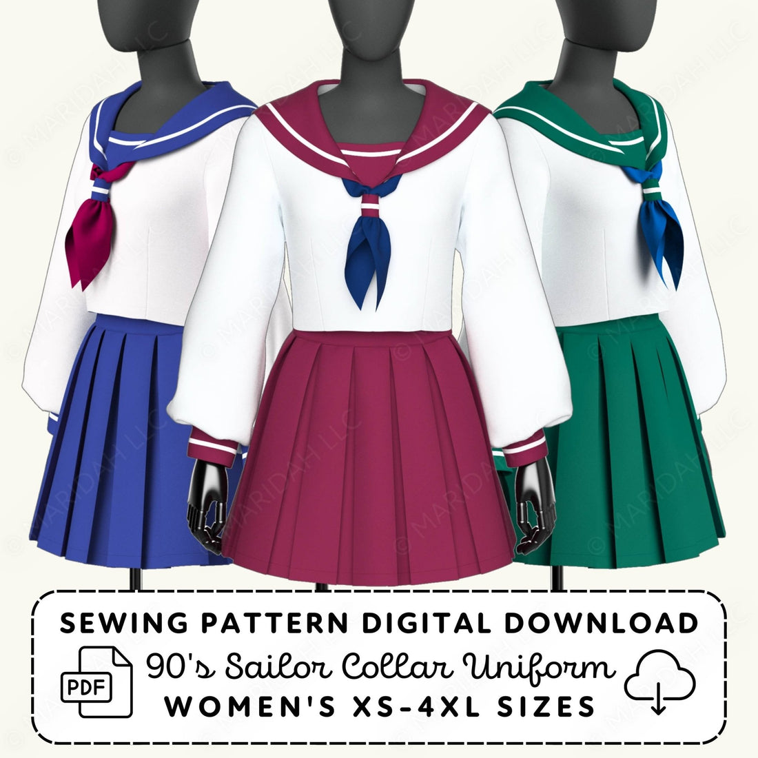 Three mannequins wearing 90s Sailor Collar Uniforms with different colored skirts on a white background.