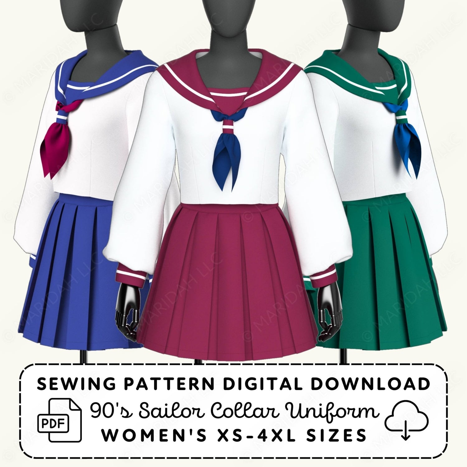 Three mannequins wearing 90s Sailor Collar Uniforms with different colored skirts on a white background.