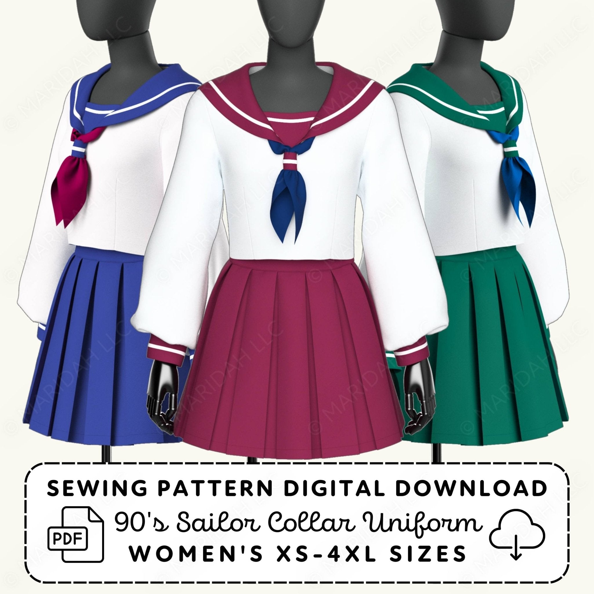 Three mannequins wearing 90s Sailor Collar Uniforms with different colored skirts on a white background.
