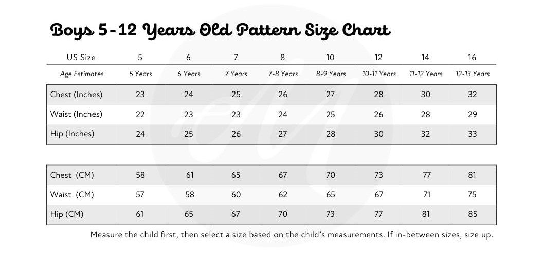 Boys 5-12 years old pattern size chart