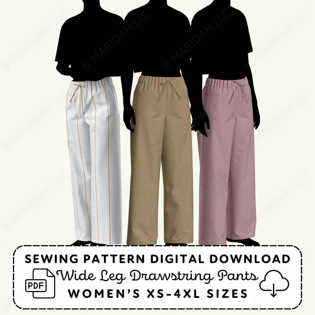 Silhouettes of people wearing wide leg drawstring pants in white, beige, and pink with text about a sewing pattern digital download.