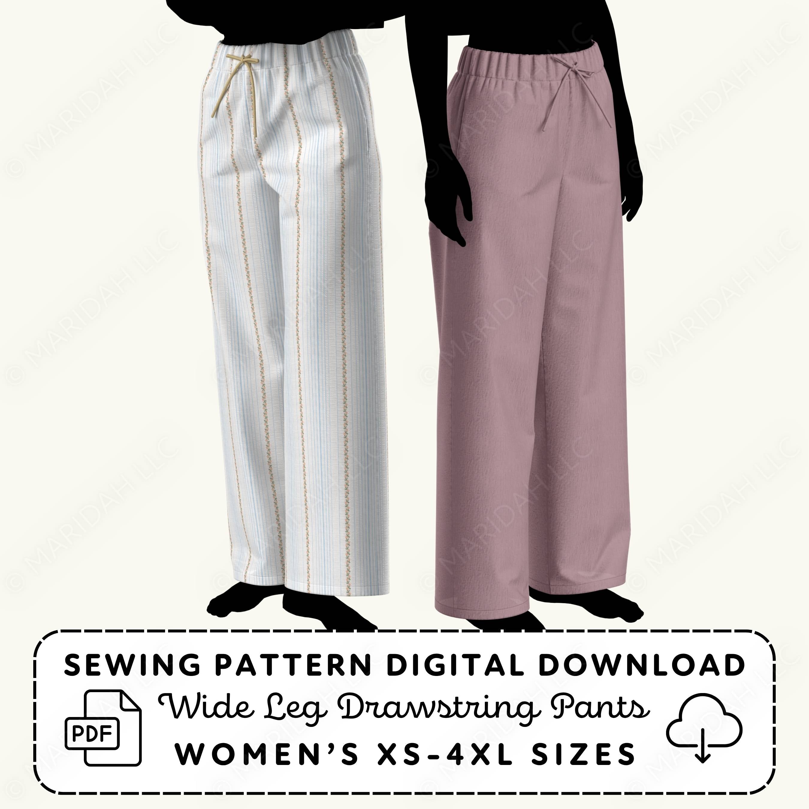 Two Models wearing drawstring pants with the text Sewing Pattern Digital Download Wide Leg Drawstring Pants XS-4XL