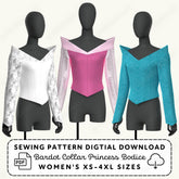 Three mannequins wearing different colored bardot collar princess bodices with a sewing pattern digital download text.