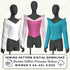 Three mannequins wearing different colored bardot collar princess bodices with a sewing pattern digital download text.