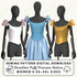Three mannequins wearing shoulder puff princess bodices in white, blue, and gold on a white background.