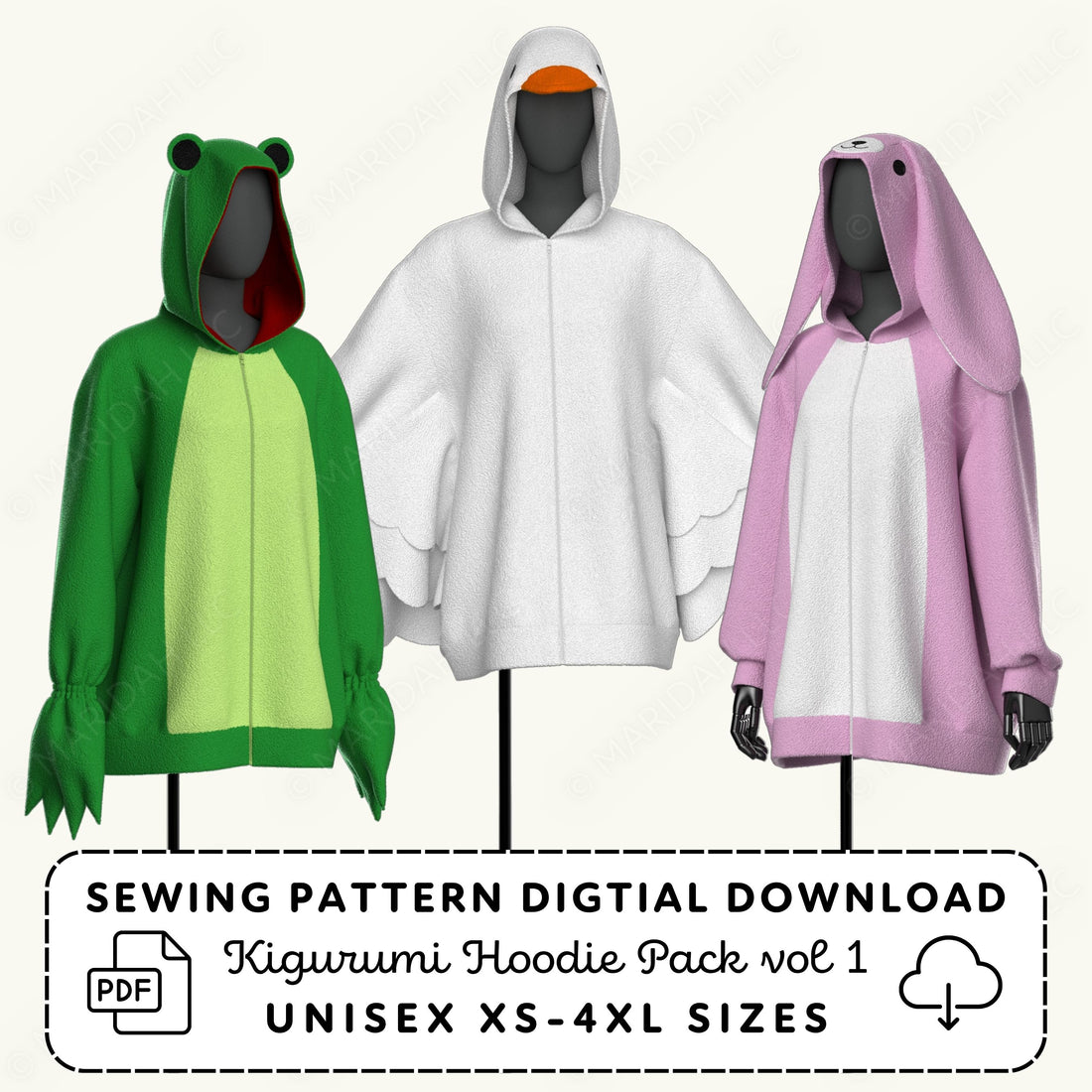 Kigurumi Hoodie Pack vol 1 | Goose, Bunny and Frog Jacket Sewing Pattern