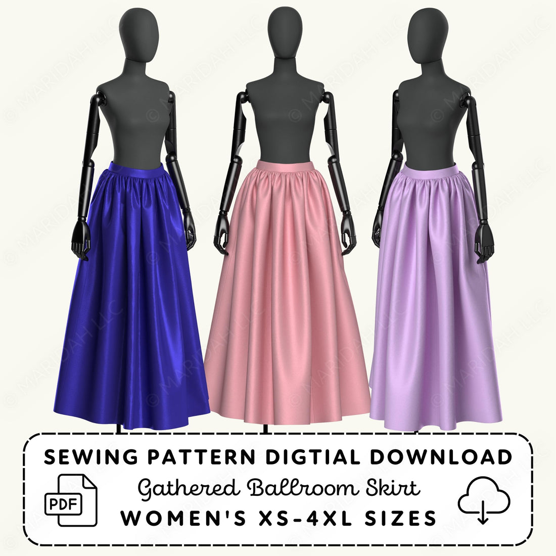 Three mannequins wearing gathered ballroom skirts in blue, pink, and purple with sewing pattern digital download text.