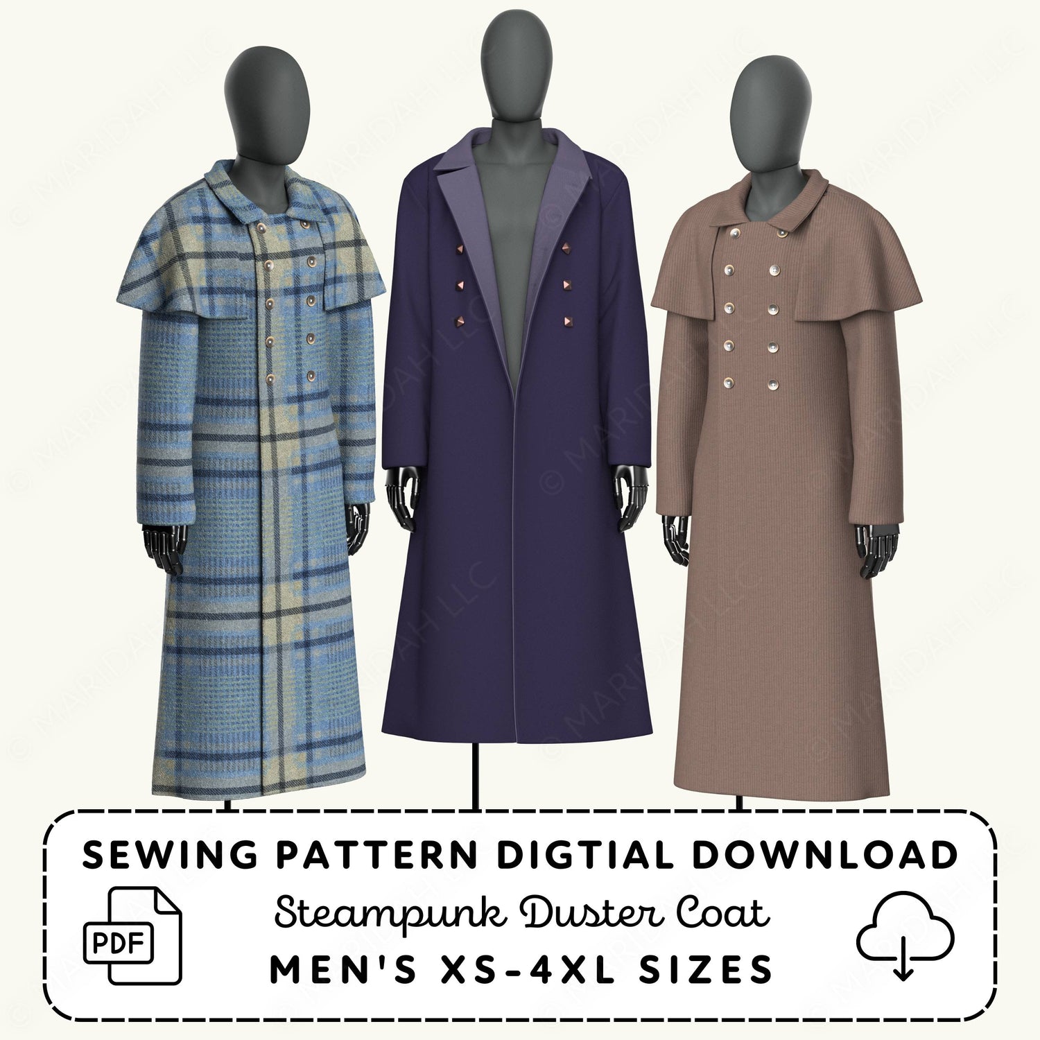 Three mannequins wearing steampunk duster coats with a sewing pattern digital download text.