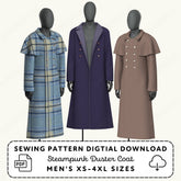 Three mannequins wearing steampunk duster coats with a sewing pattern digital download text.