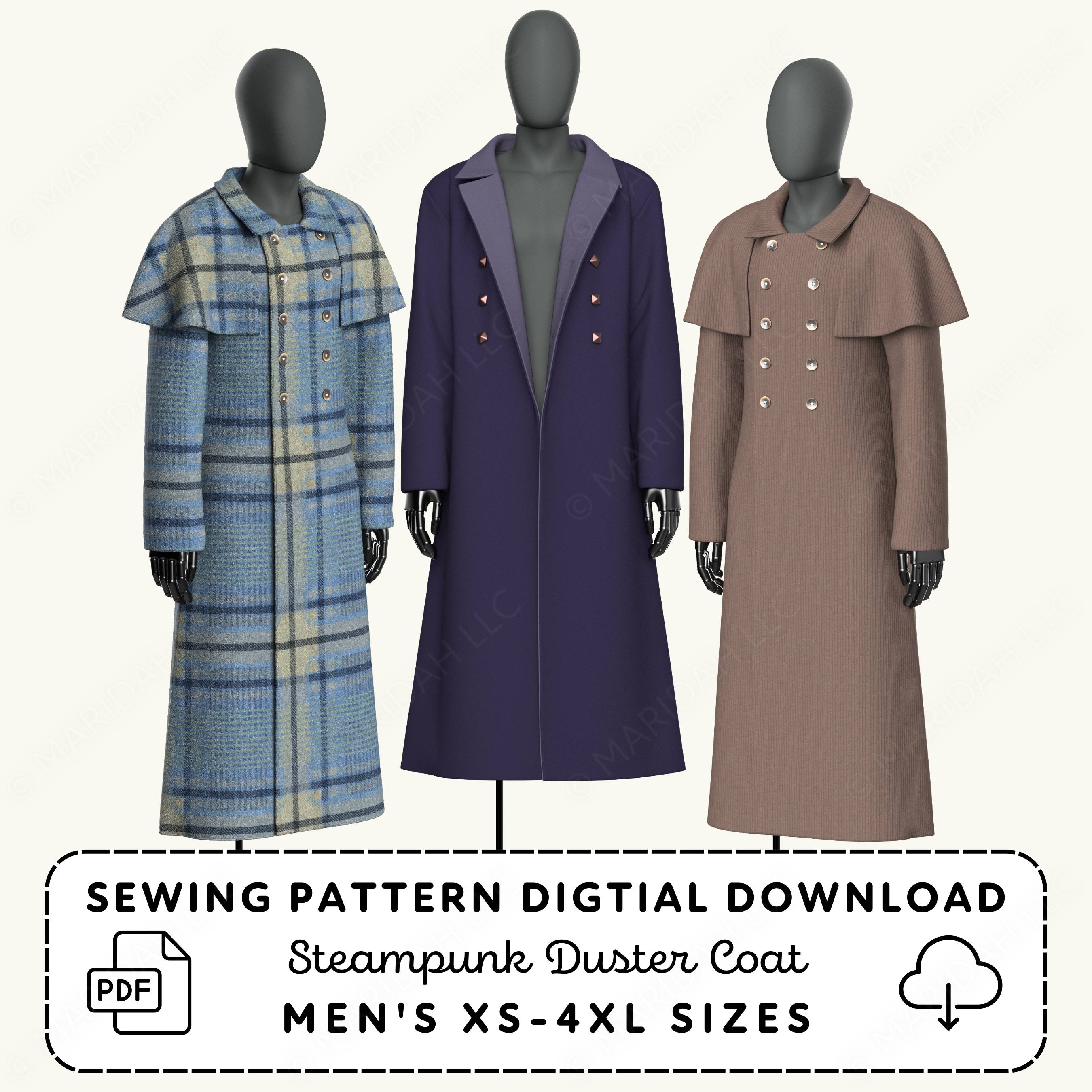 Three mannequins wearing steampunk duster coats with a sewing pattern digital download text.