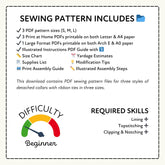 Sewing pattern information with PDF sizes, formats, and required skills on a white background.