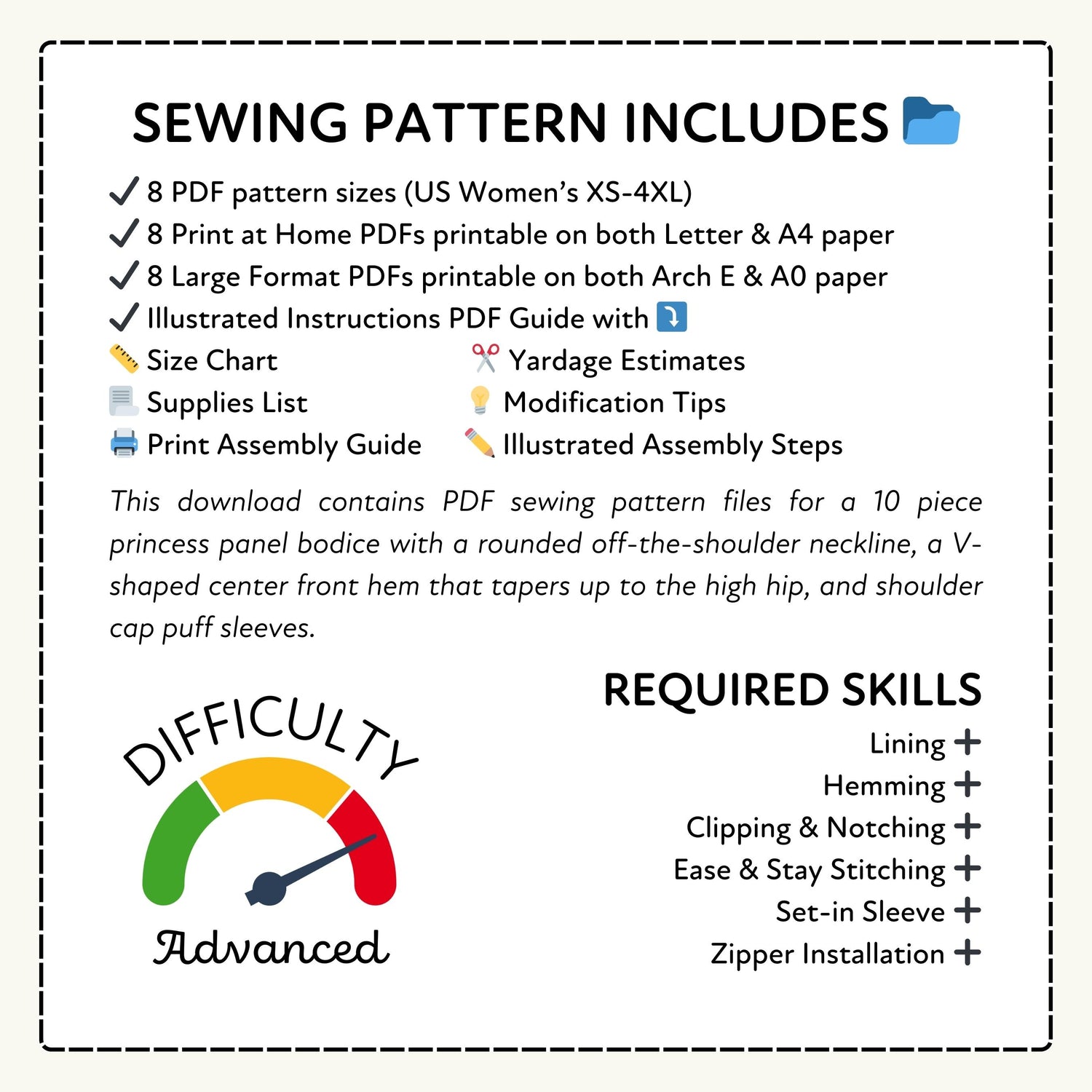 Sewing pattern information with PDF sizes, print formats, and required skills listed.