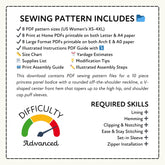 Sewing pattern information with PDF sizes, print formats, and required skills listed.