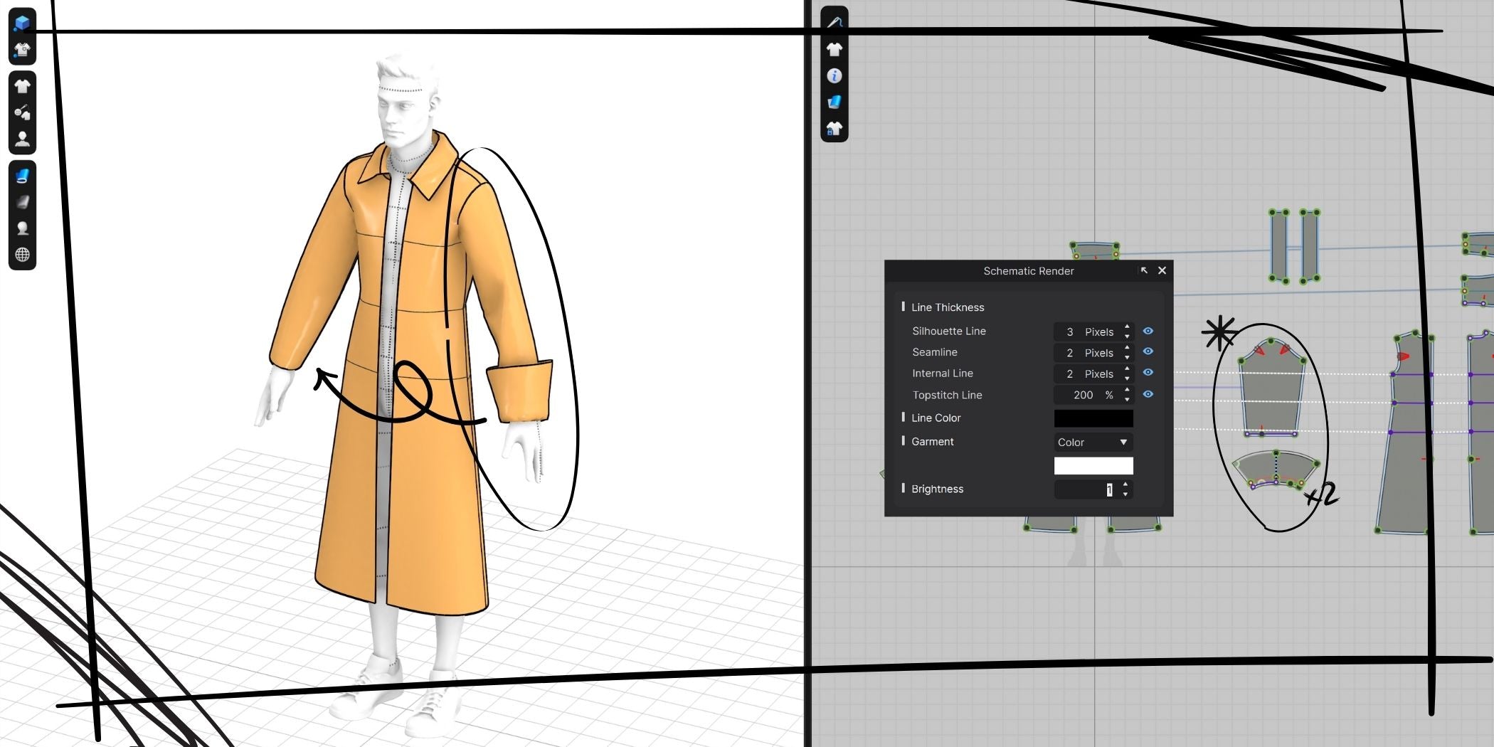 Screenshot of clothing design software with elements circled 