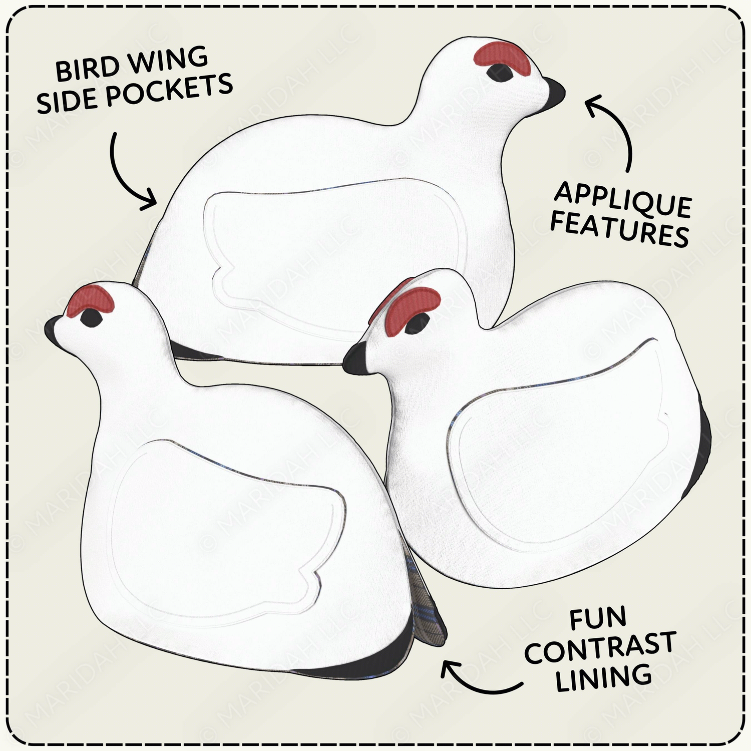 3 views of a bird shaped oven mitt with features noted in text
