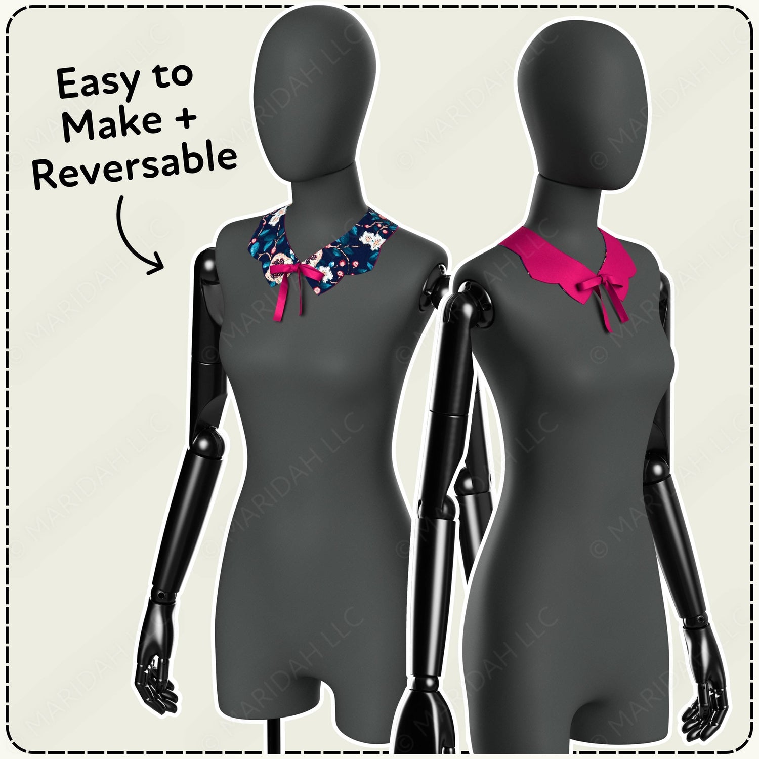 Two mannequins wearing reversible collars with text &