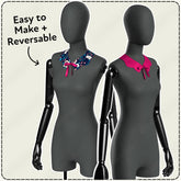 Two mannequins wearing reversible collars with text &