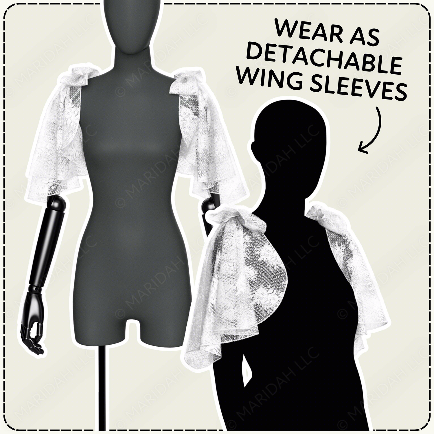 Mannequin wearing detachable wing sleeves with text indicating their use.